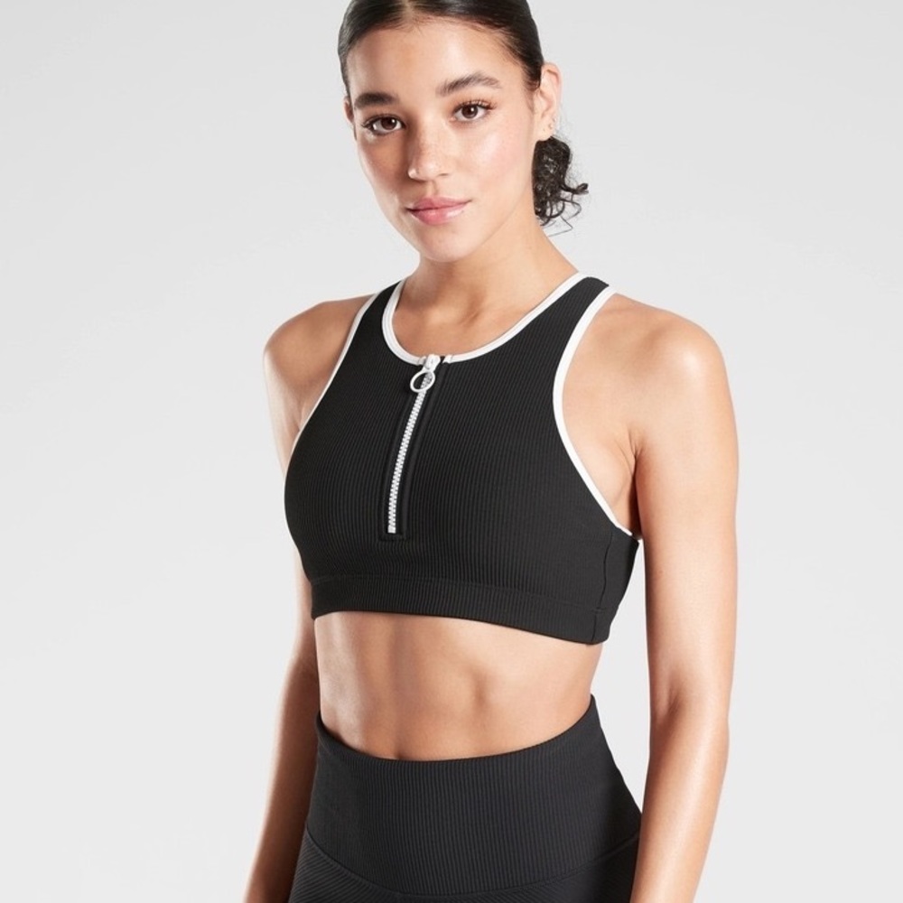 Athleta Synergy Black Rib Zip Front High Neck Sports Bra